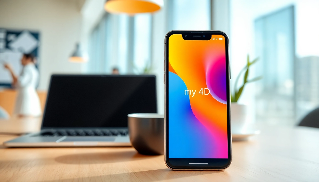Interact with the my4d app interface displayed on a smartphone in a modern workspace.