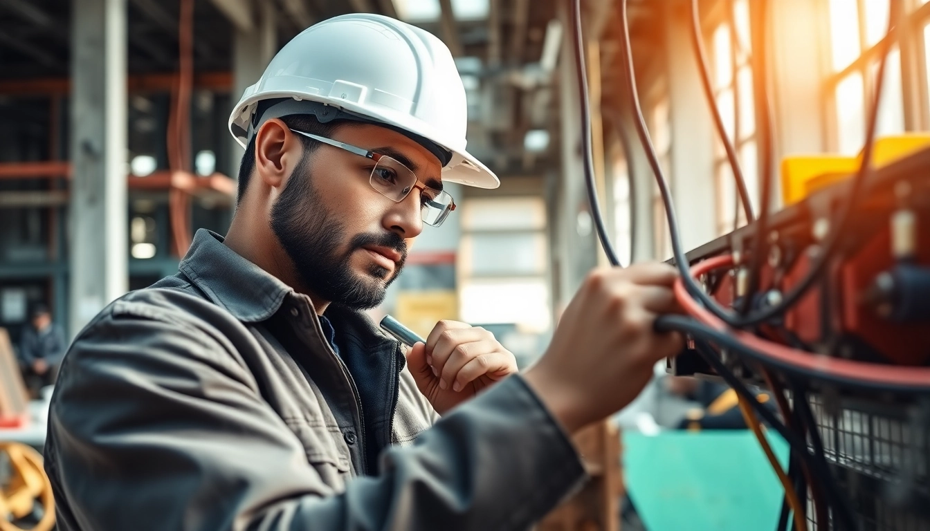 Electrical Contractor inspecting wiring at a construction site with tools and materials.