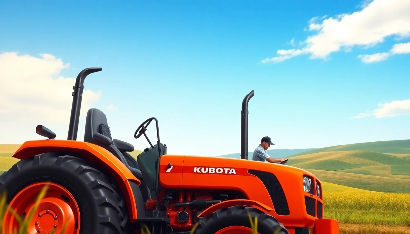 Kuboata Traktor in ländlicher Umgebung beim Arbeiten präsentieren