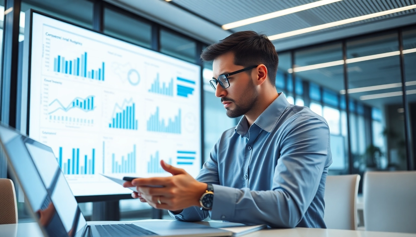 Analyzing competitive intelligence data in a modern office environment.