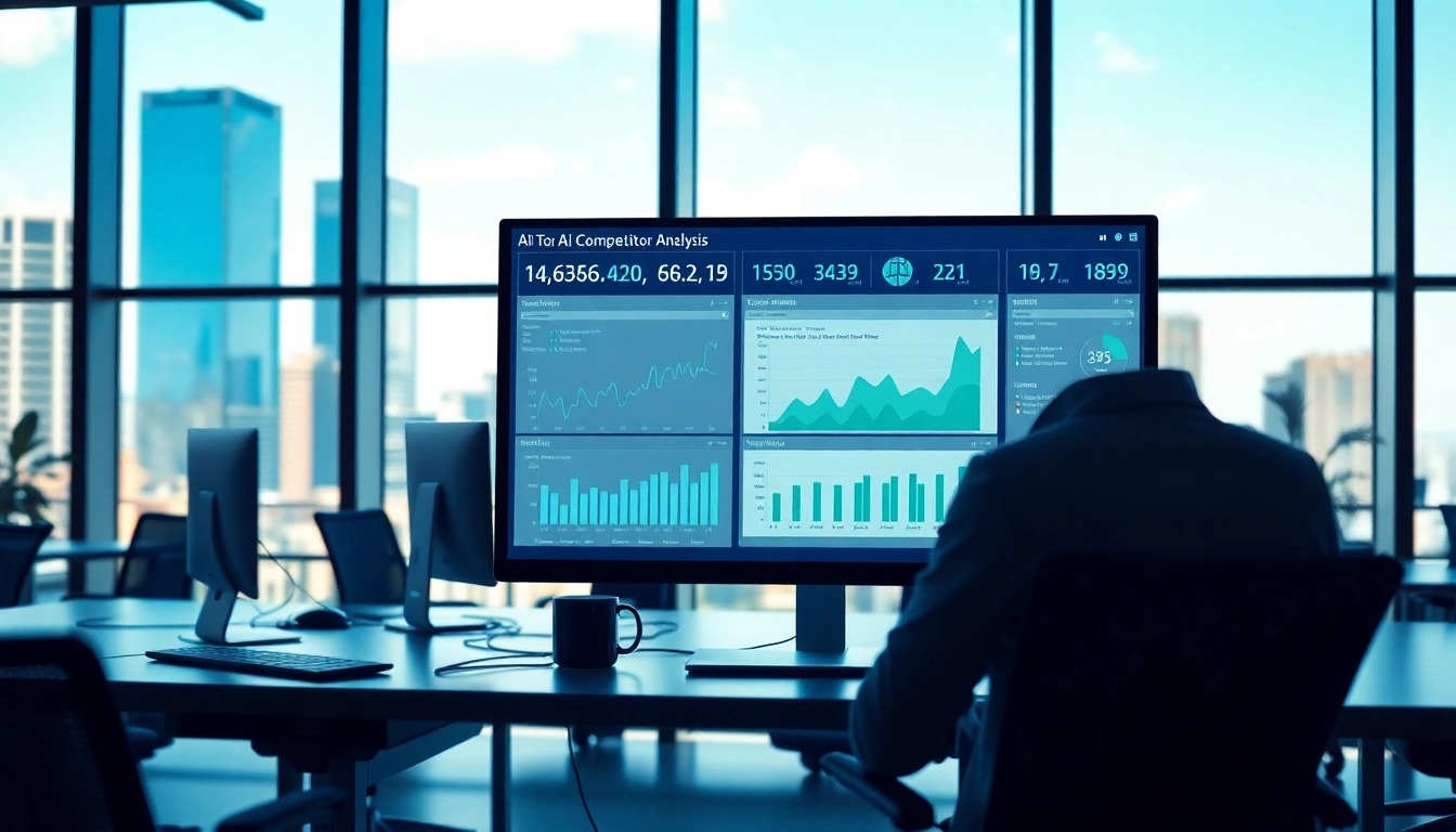 Analyze market trends using AI for competitor analysis tools in a modern office.