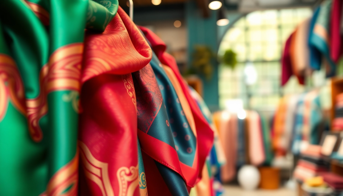 Shop elegant silk scarves for women showcasing vibrant colors and intricate designs in a boutique.