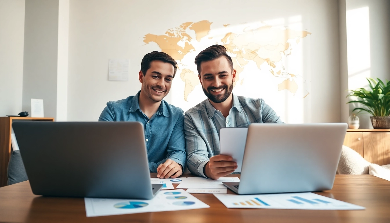 Engaged couple discussing international real estate advice in a warm office environment.
