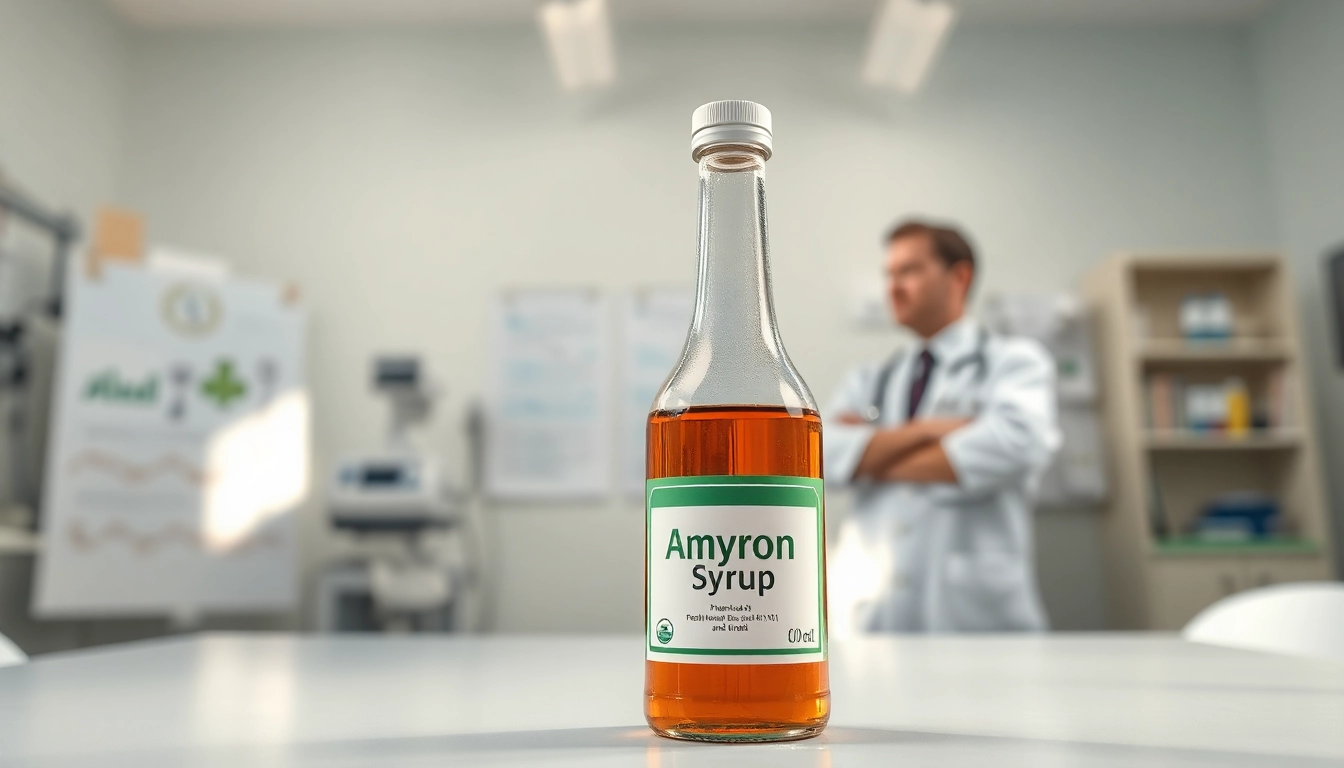 Amyron syrup uses in Hindi illustrated with a clear bottle in a healthcare setting, emphasizing wellness.