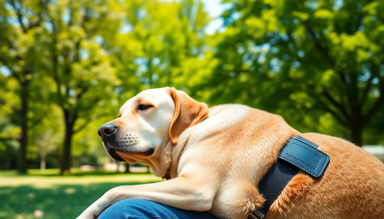Psych service dogs providing emotional support to their handler in a serene park setting.