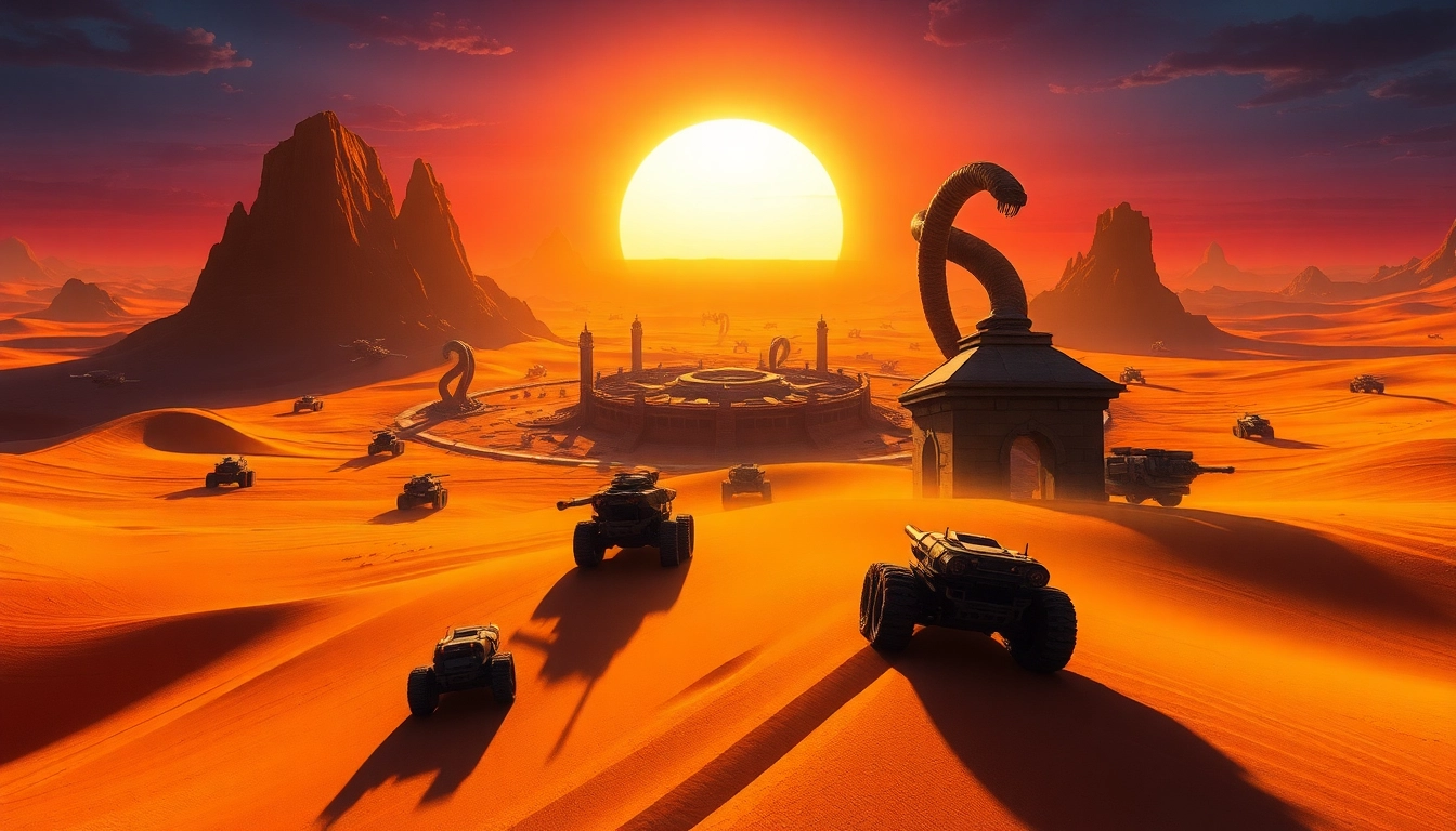 Engage with the Dune 2 game through a captivating strategy landscape featuring armored vehicles and sandworms.