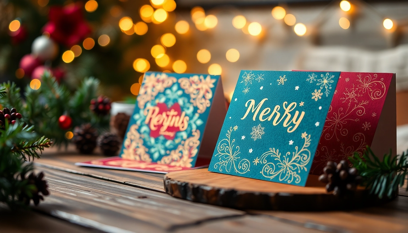 Promote Christmas card printing London with beautifully designed holiday cards on a rustic wooden table.