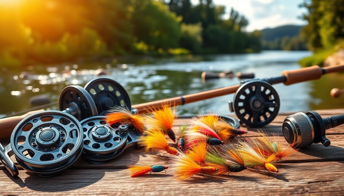 Showcasing fly fishing accessories including vibrant flies and fishing reels on a rustic table.