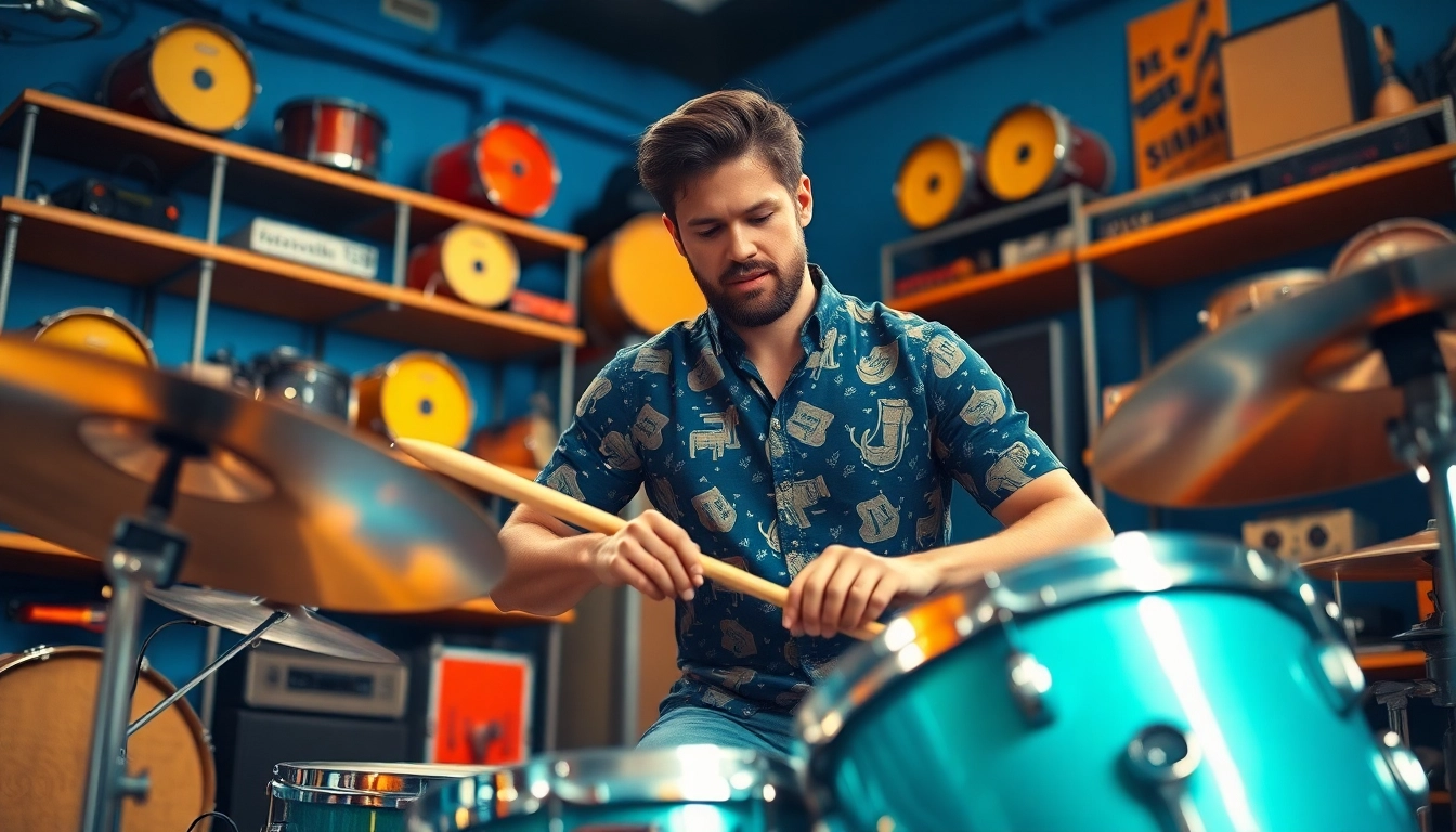 Showcase of a drummer shirt worn by a drummer in a vibrant studio setting, radiating energy.