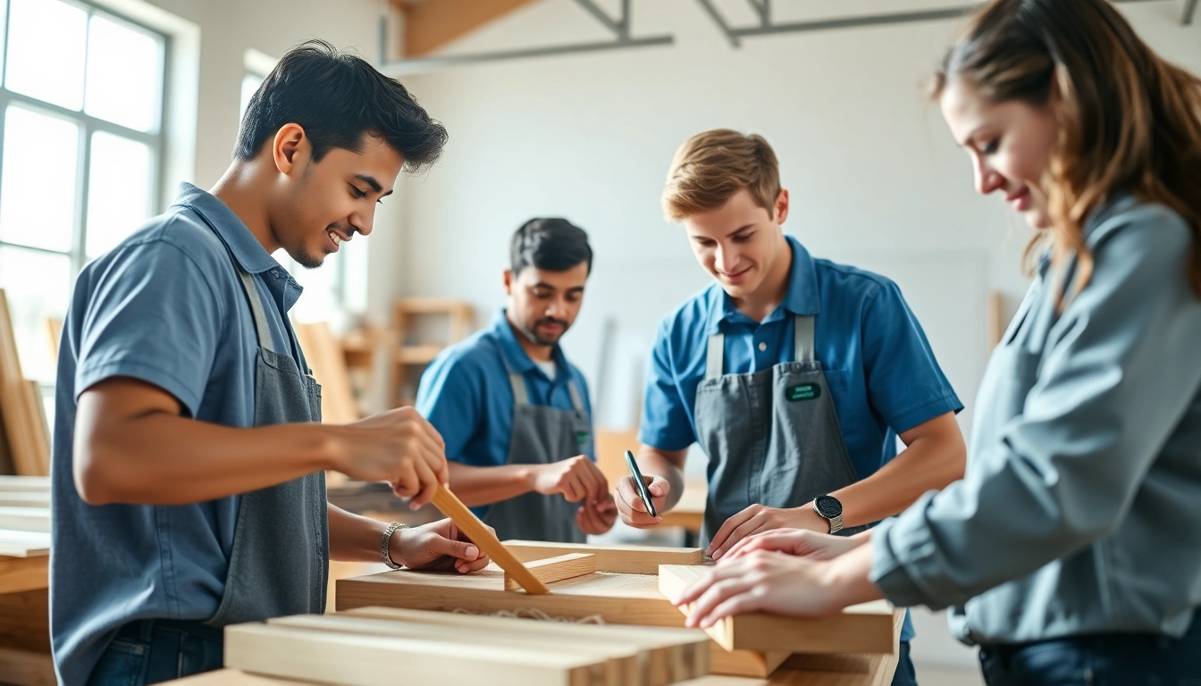 Explore trade schools Oahu with students engaged in carpentry training.
