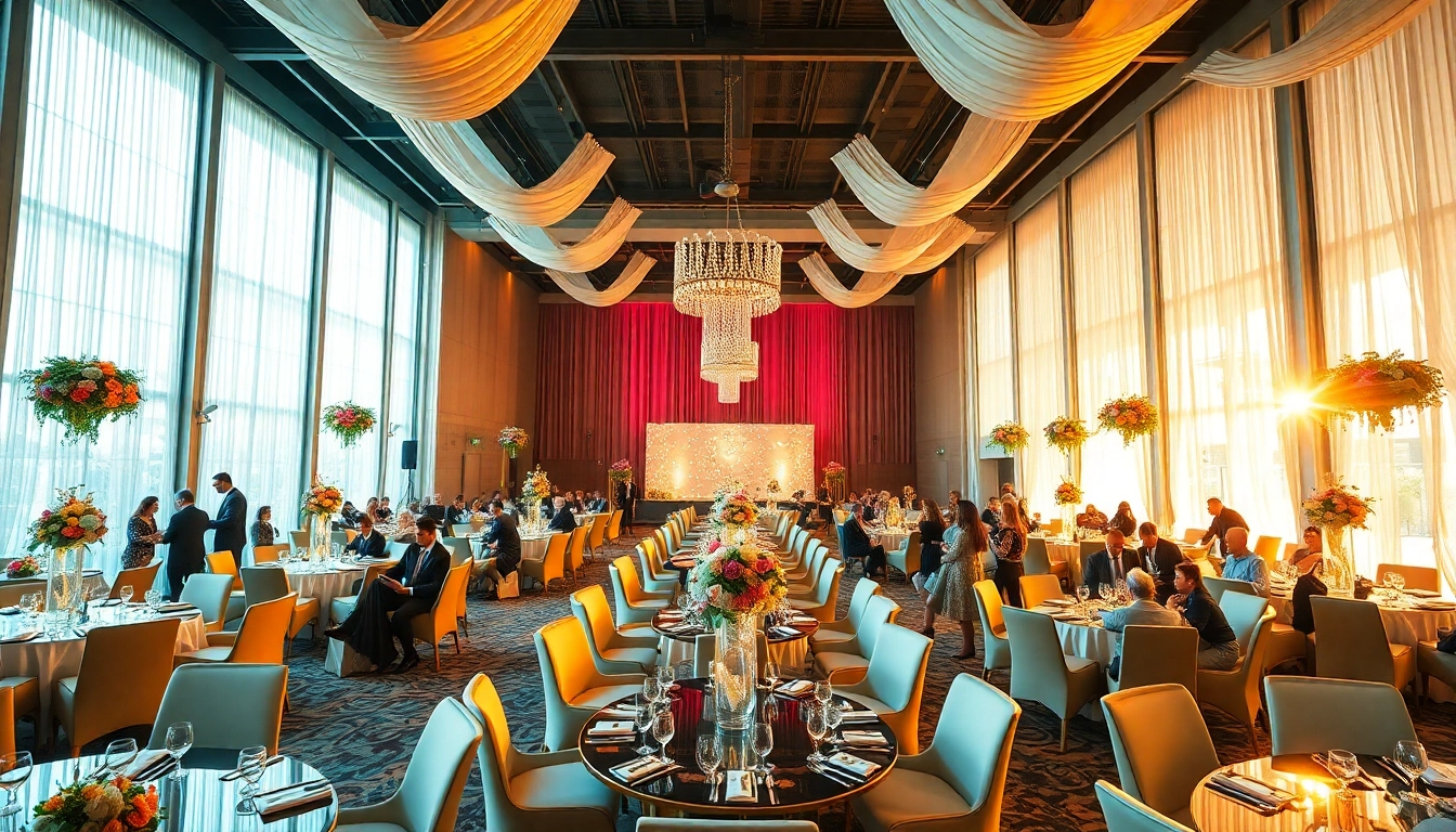 Showcase of a lively city venue event center with elegant decor and festive atmosphere.