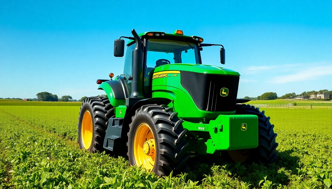 John Deere Traktor in einem grünen Feld, das seine Leistung und Robustheit demonstriert.
