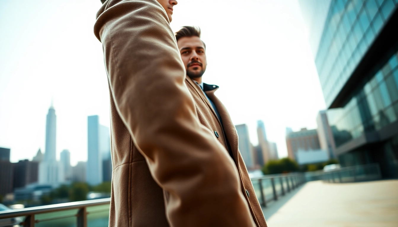 Showcasing stylish mens coats in a dynamic urban environment with texture details.