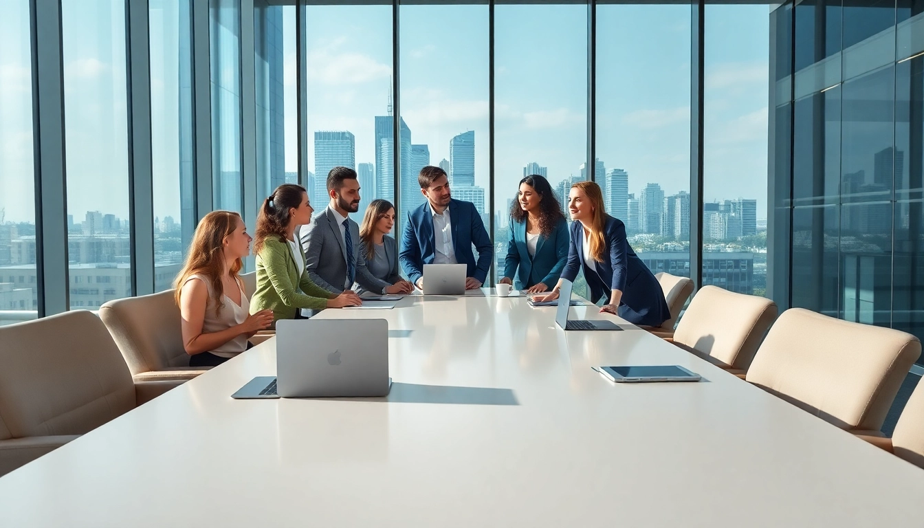 Engaged professionals working with Quickplus Business Consultants in a modern office setting.
