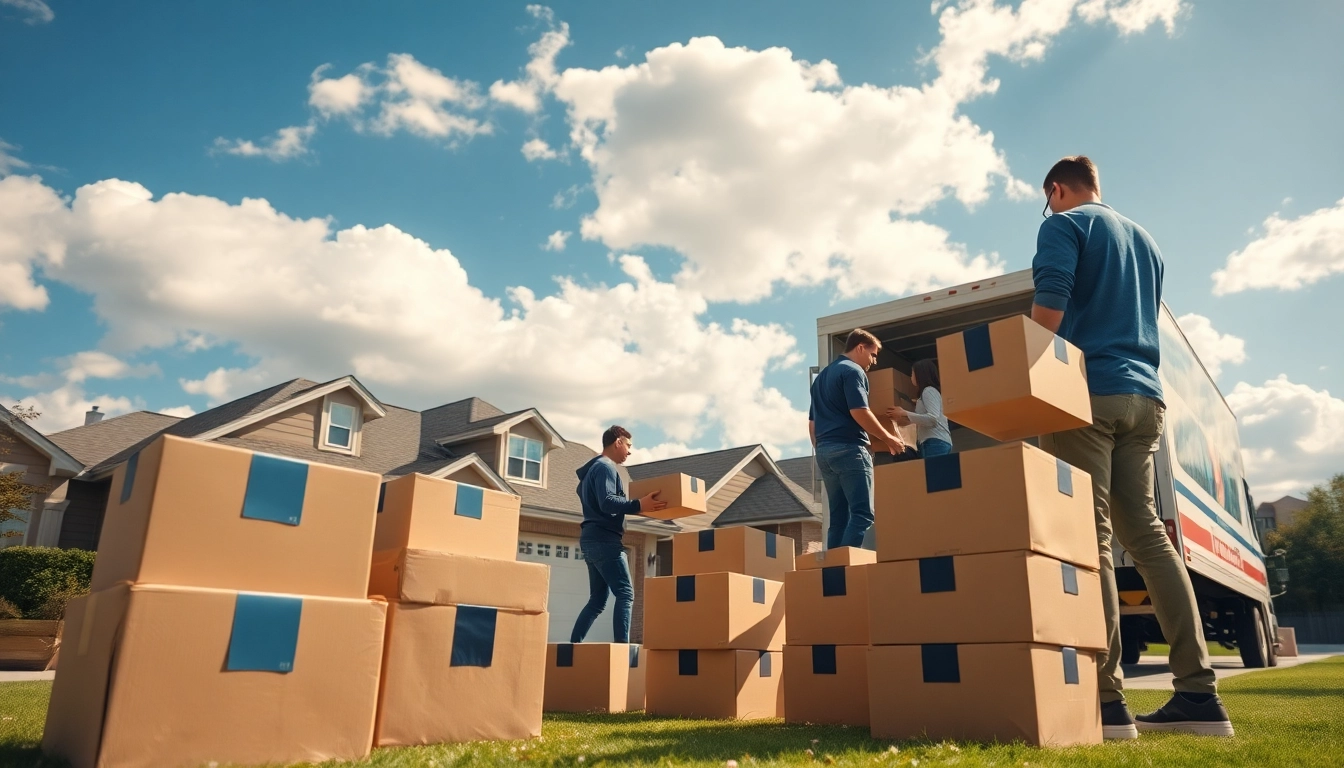 Moving company near me helps family during the relocation process in a sunny suburb.