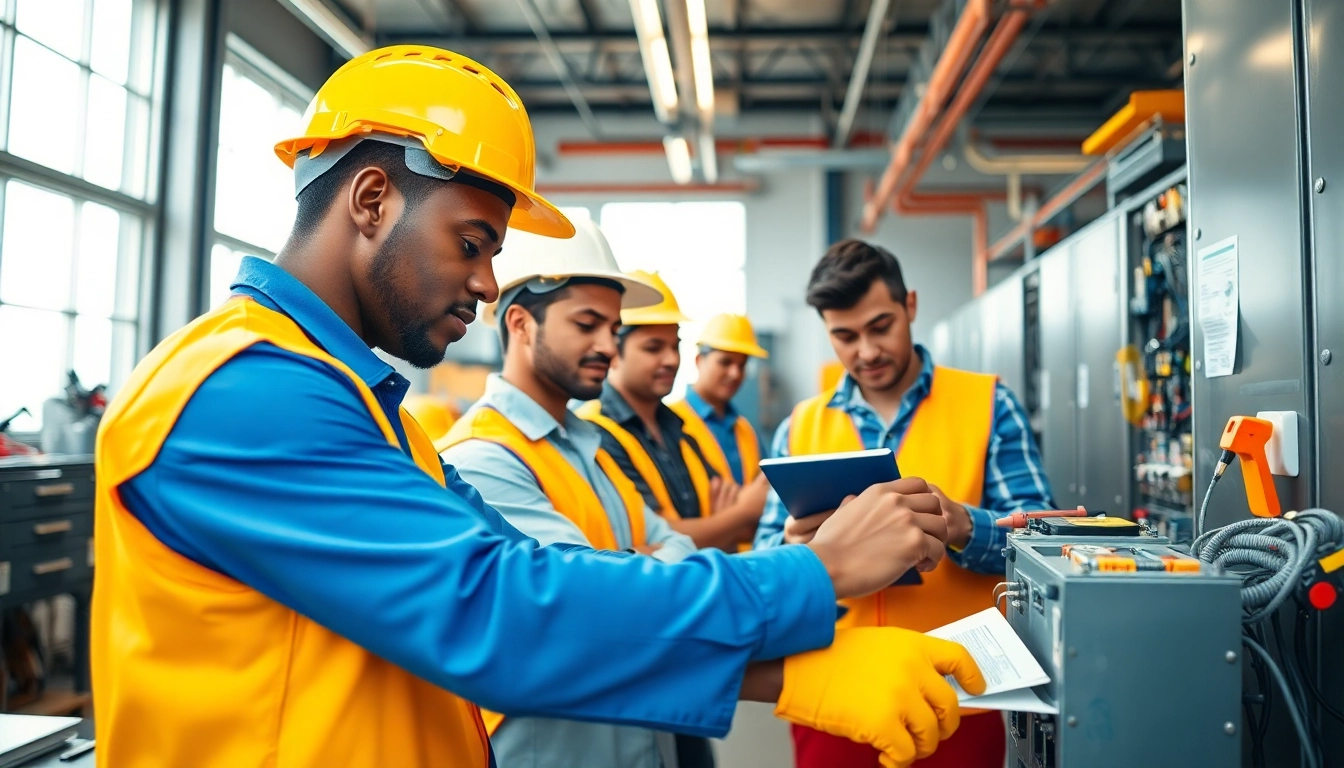 Electrician apprenticeship Hawaii in action as apprentices work together in a bright workshop.