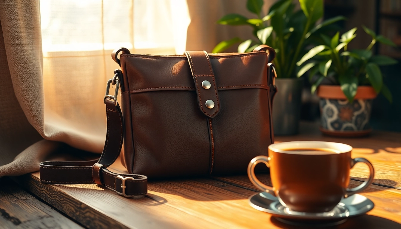 Showcase of a coffee leather crossbody bag with elegant details, complemented by a cozy coffee setting.