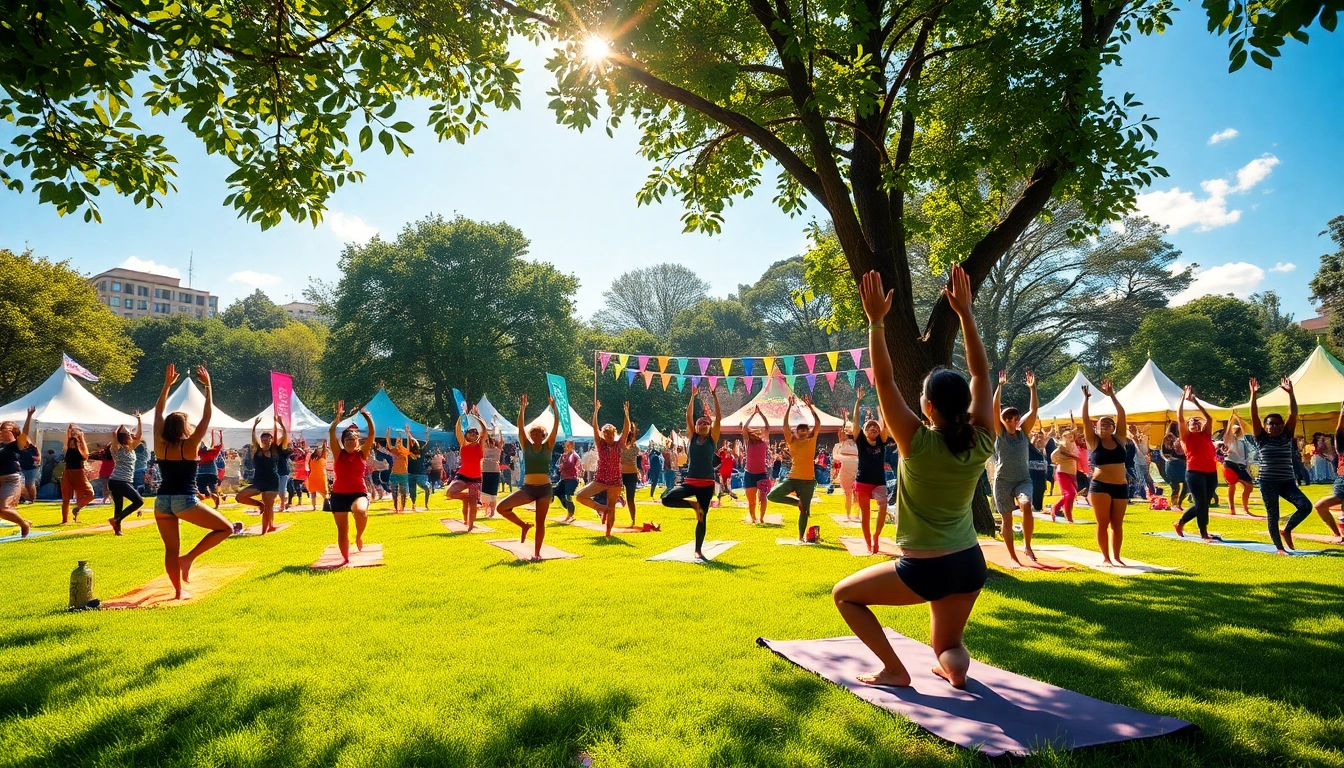 Group practicing yoga at outdoor yoga festivals surrounded by nature, vibrant atmosphere.