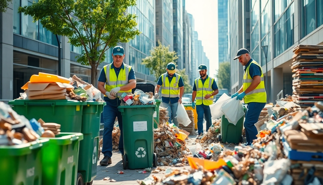 Efficient rubbish clearance services team organized in an urban setting, promoting cleanliness.