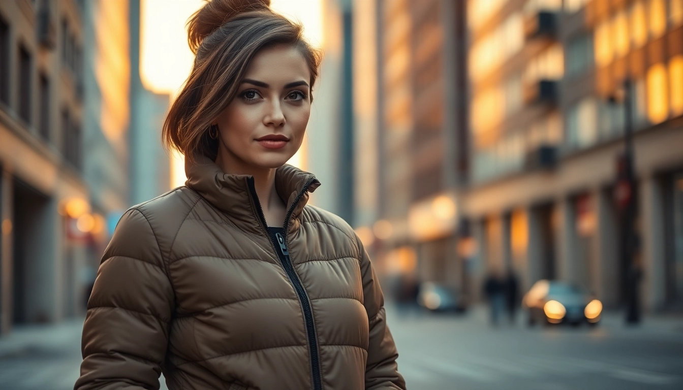 Model showcasing a fashionable puffer jacket for women in an urban sunset setting.
