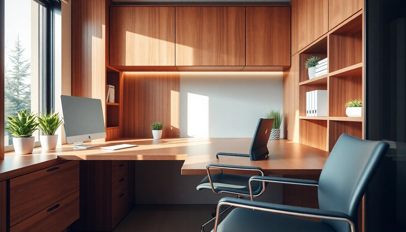 Ein gemütlicher schreibtisch schrank in einem modernen Home Office mit warmen Holztönen.