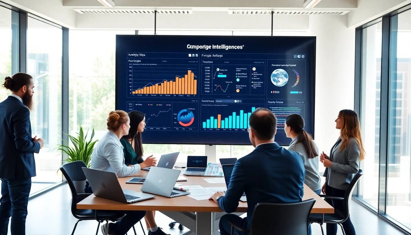 Engaging scene of competitive intelligence analysis with a diverse team collaborating in an office.