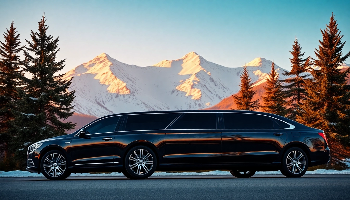 Experience the elegance of a Whistler car service with a luxurious limousine by stunning snowy mountains.