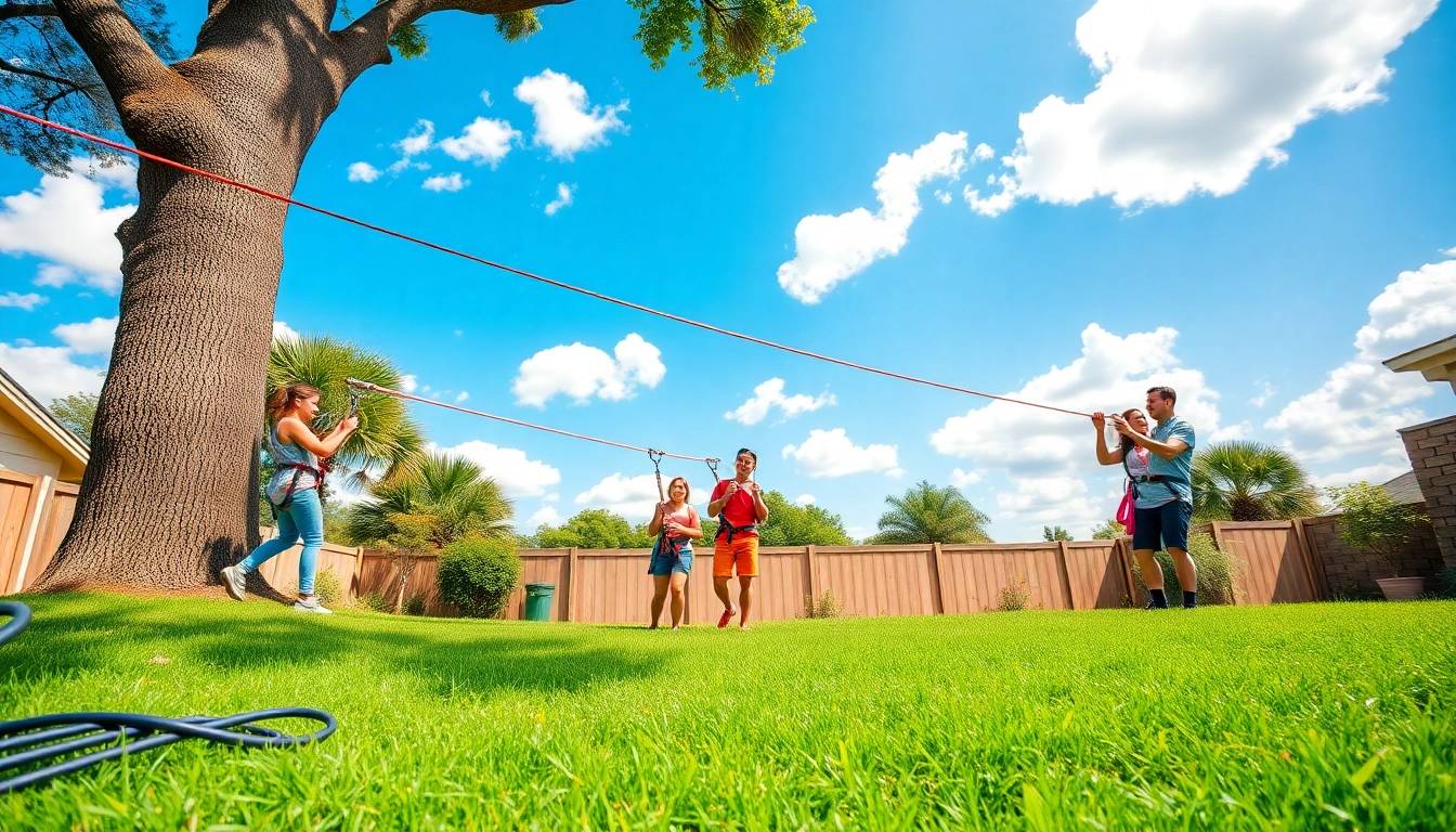 Kids and adults enjoying exciting ZIP WIRE KITS in a vibrant backyard setting.