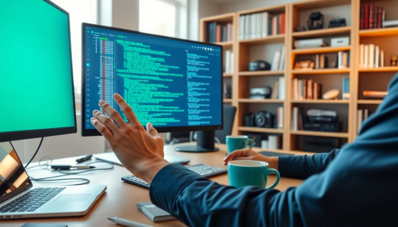 Engineer analyzing dma firmware updates at a computer, emphasizing technical precision and innovation.
