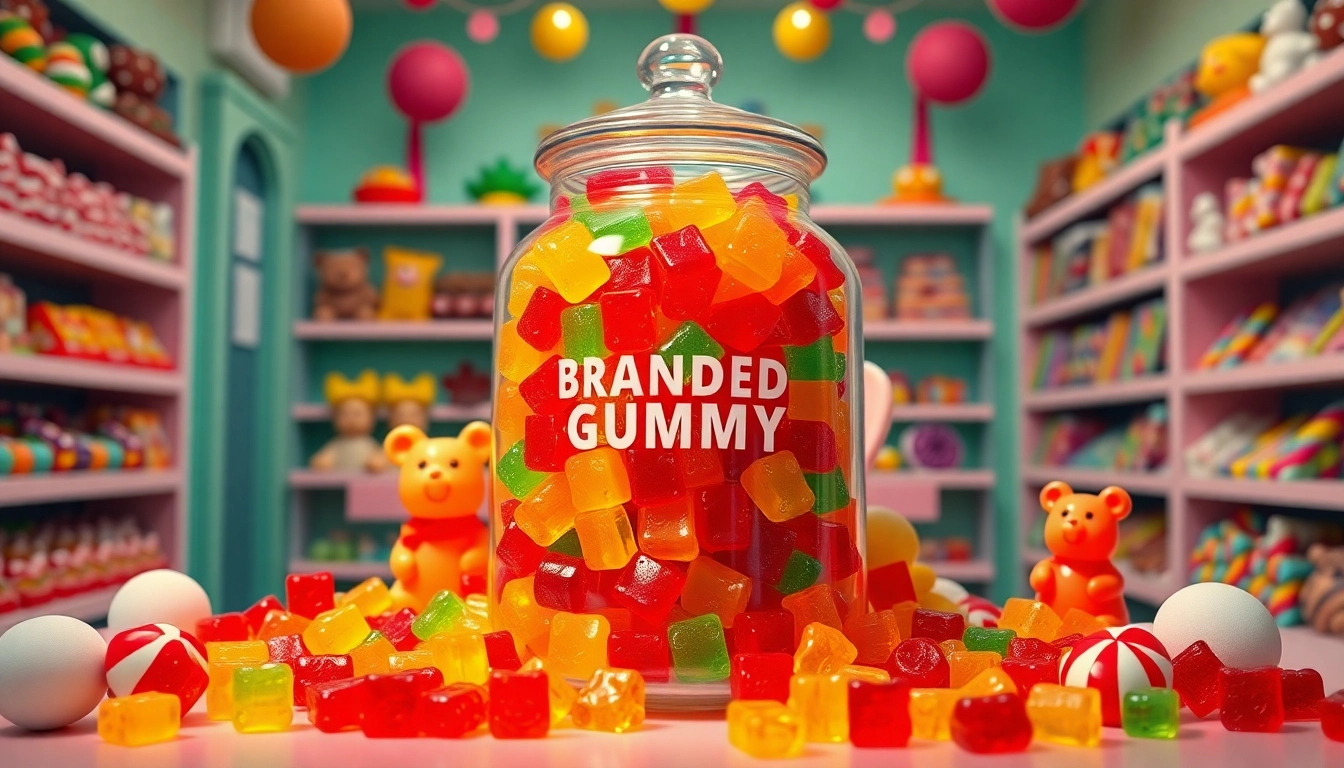 Delightful assortment of Branded Gummy Bears displayed in a whimsical candy shop.