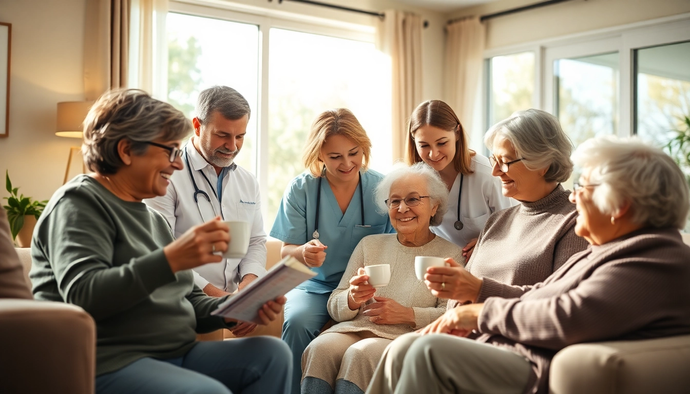 Engaging scene of caregivers supporting seniors, emphasizing austin senior home care in a comforting living space.
