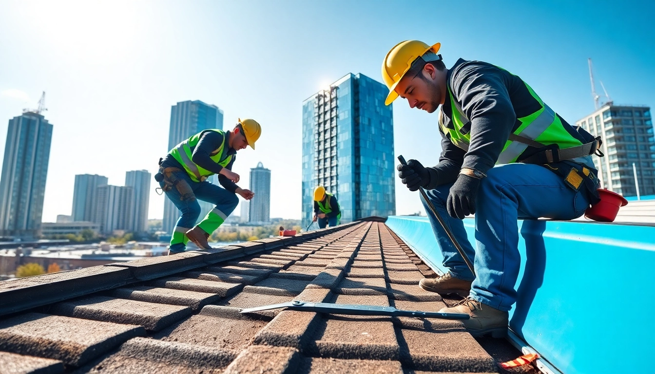 Enhancing dakonderhoud arnhem with skilled workers maintaining a roof in vibrant urban surroundings.