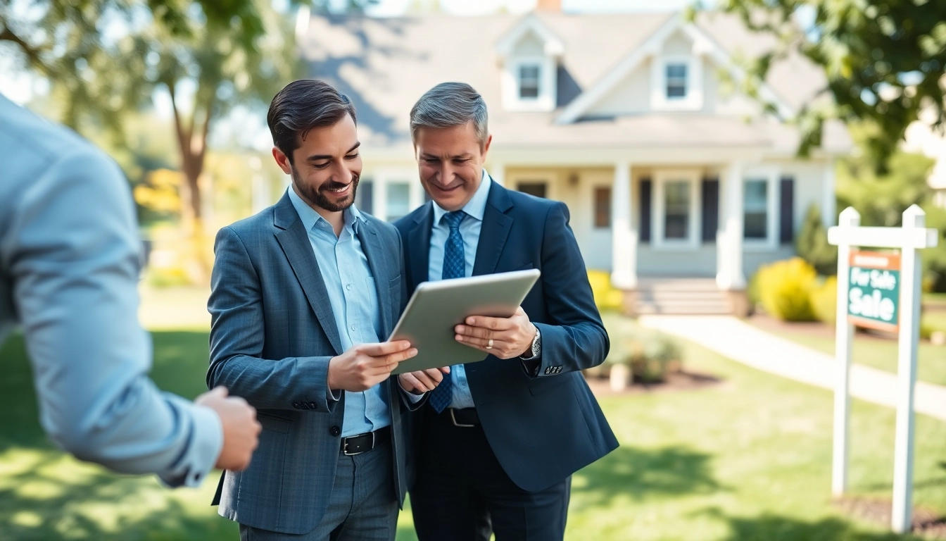 Engaged direct home buyers examining a property listing in a welcoming neighborhood