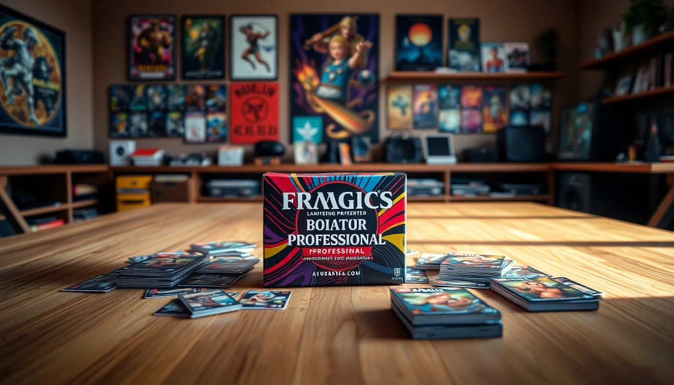 Showcasing a colorful booster box surrounded by trading cards in a vibrant gaming room.