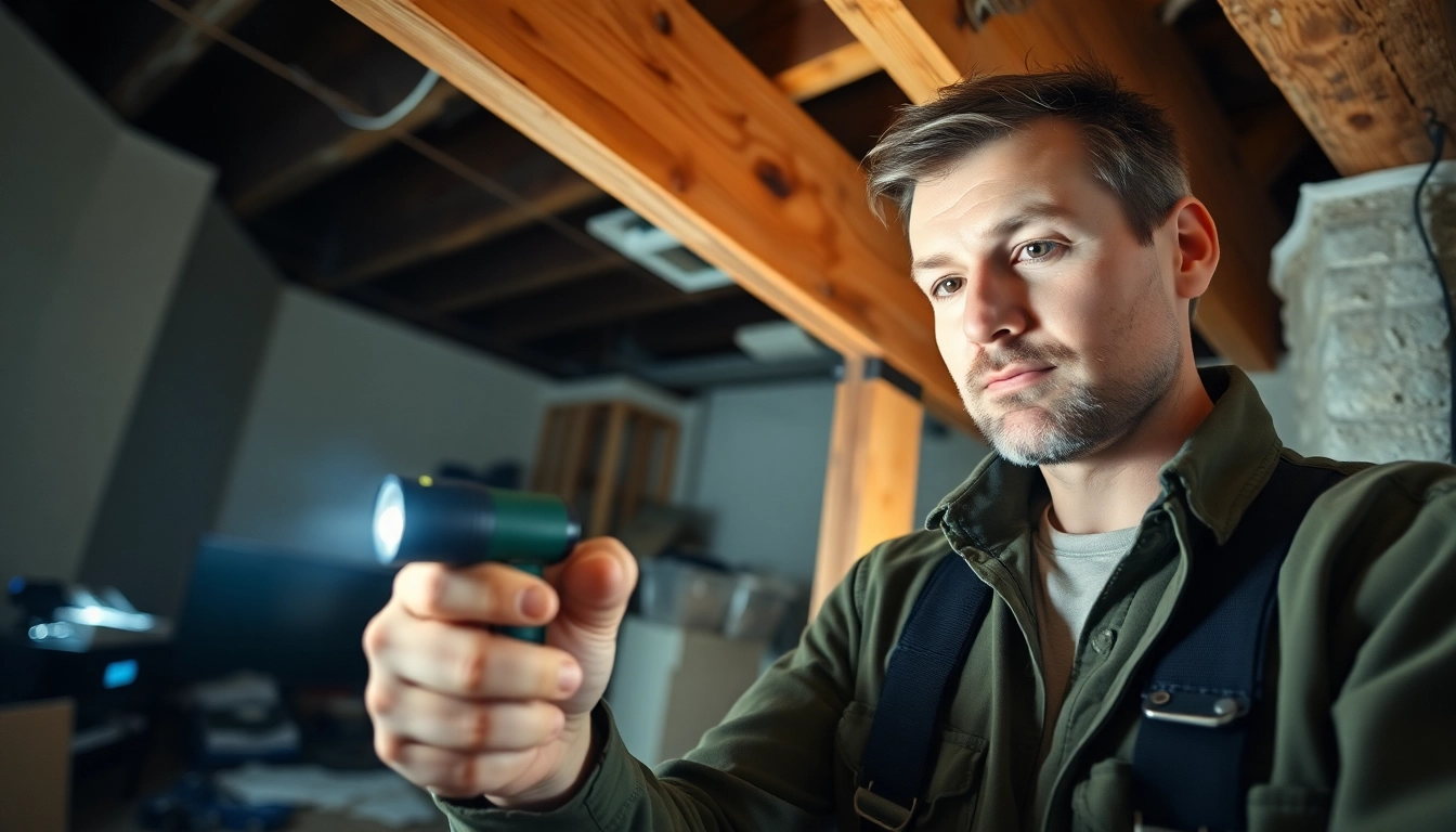 Conducting termite inspections in a basement, focusing on a pest control technician at work.