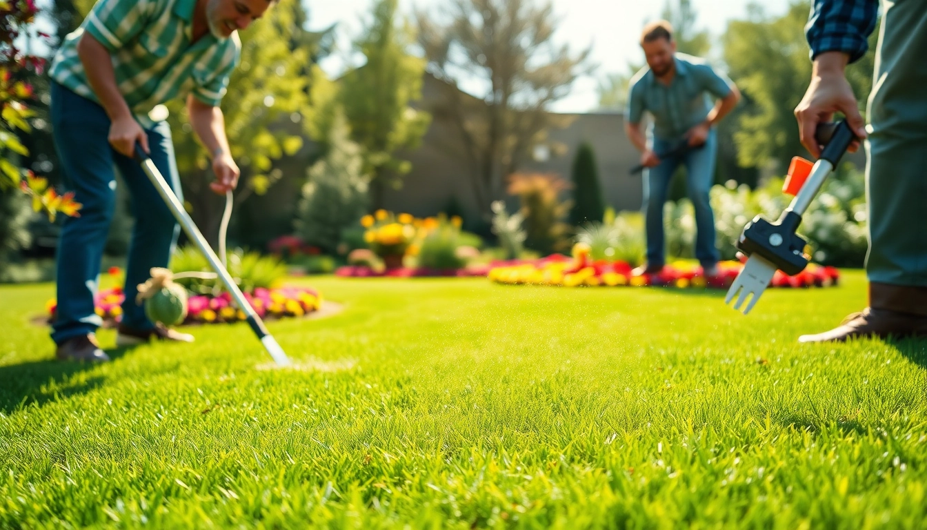 Turf maintenance service in action, showcasing a professional landscaping team enhancing a vibrant lawn.