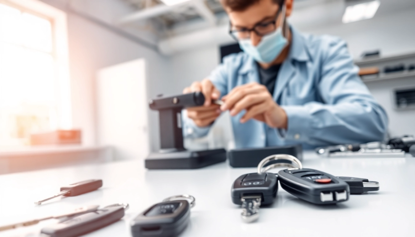Locksmith creating replacement car keys in a modern workshop with bright lighting.