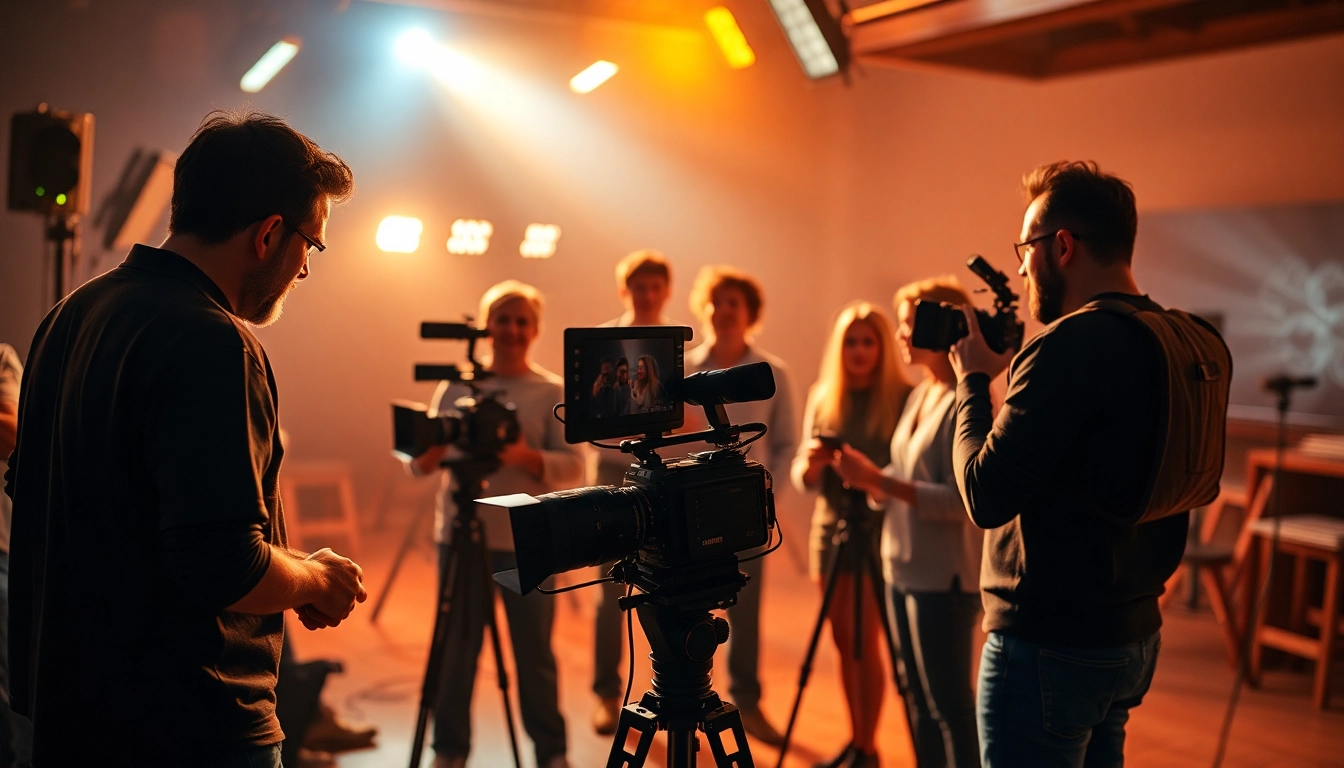 Captivating 영상프로덕션 team working together with cameras and lights to create an engaging film atmosphere.