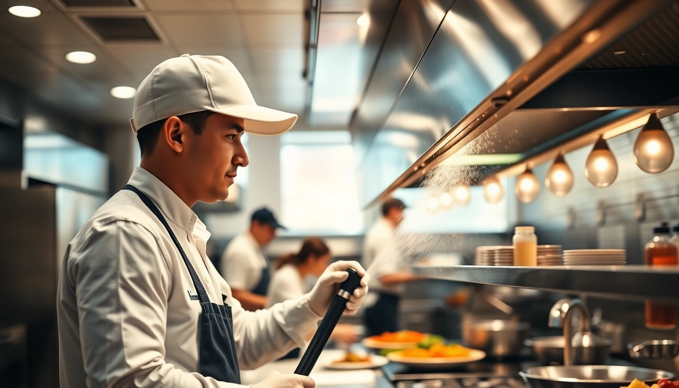 Performing an Exhaust Hood Cleaning service in a busy restaurant kitchen with professional equipment.