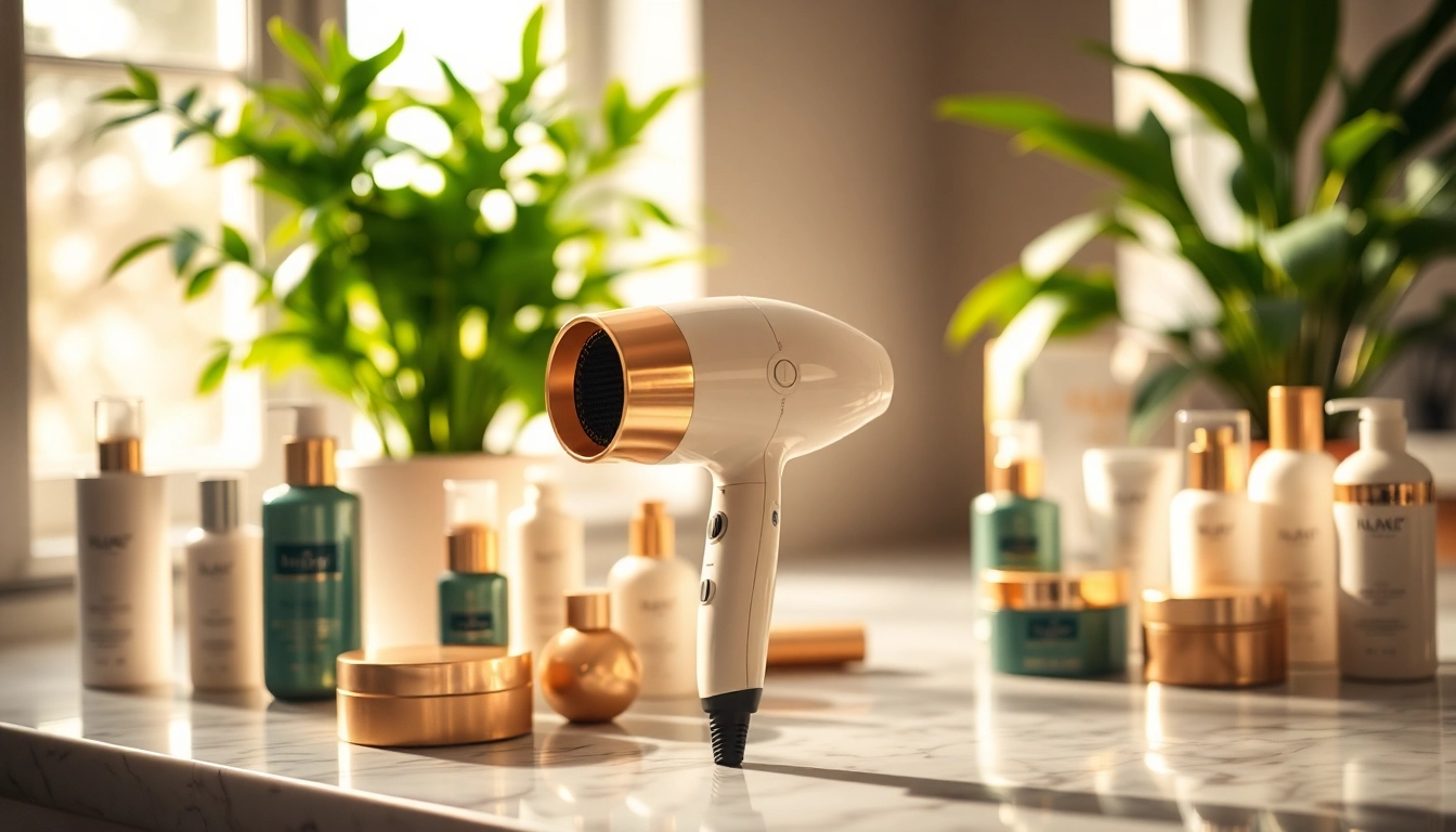 Stylish luxury hair dryer showcased on a marble countertop with elegant hair care products.
