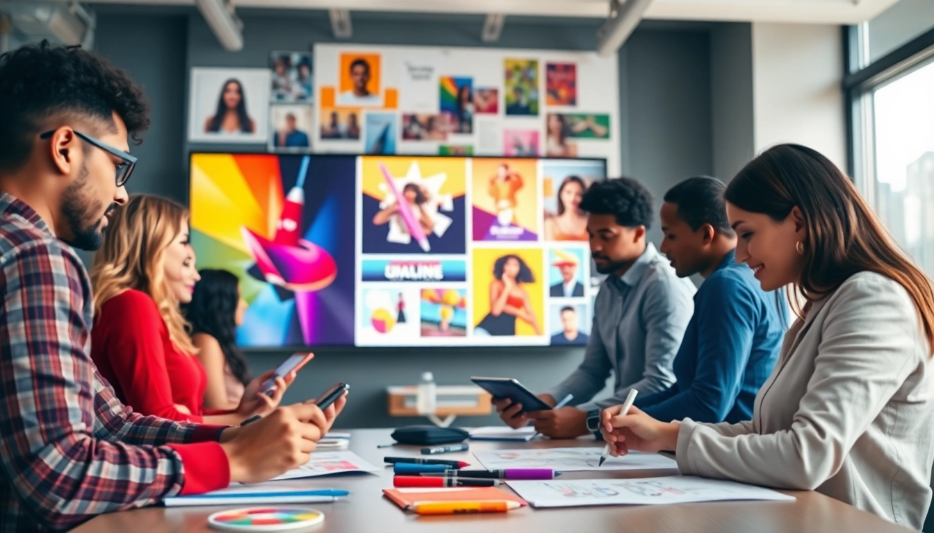 An engaging workspace illustrating an advertisement design workshop with diverse creatives focused on collaboration.