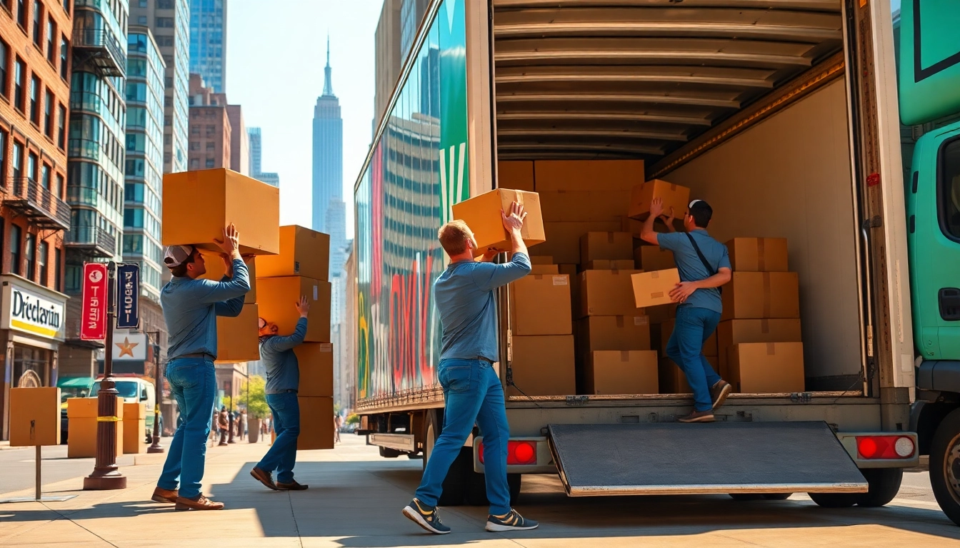 Movers nyc efficiently loading items into a truck against the New York City skyline.