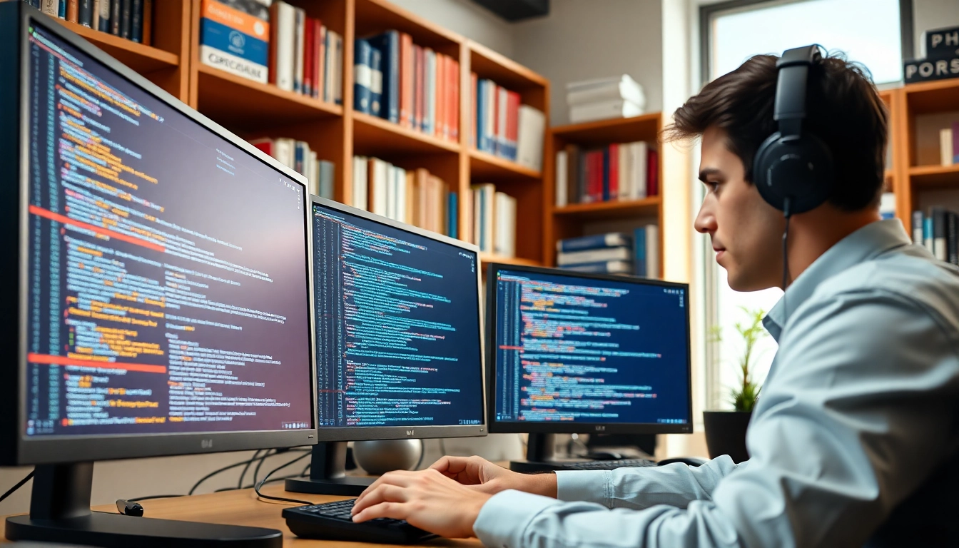 Showcasing an Advanced PHP programming course in action, a programmer focuses on dual monitors filled with coding.