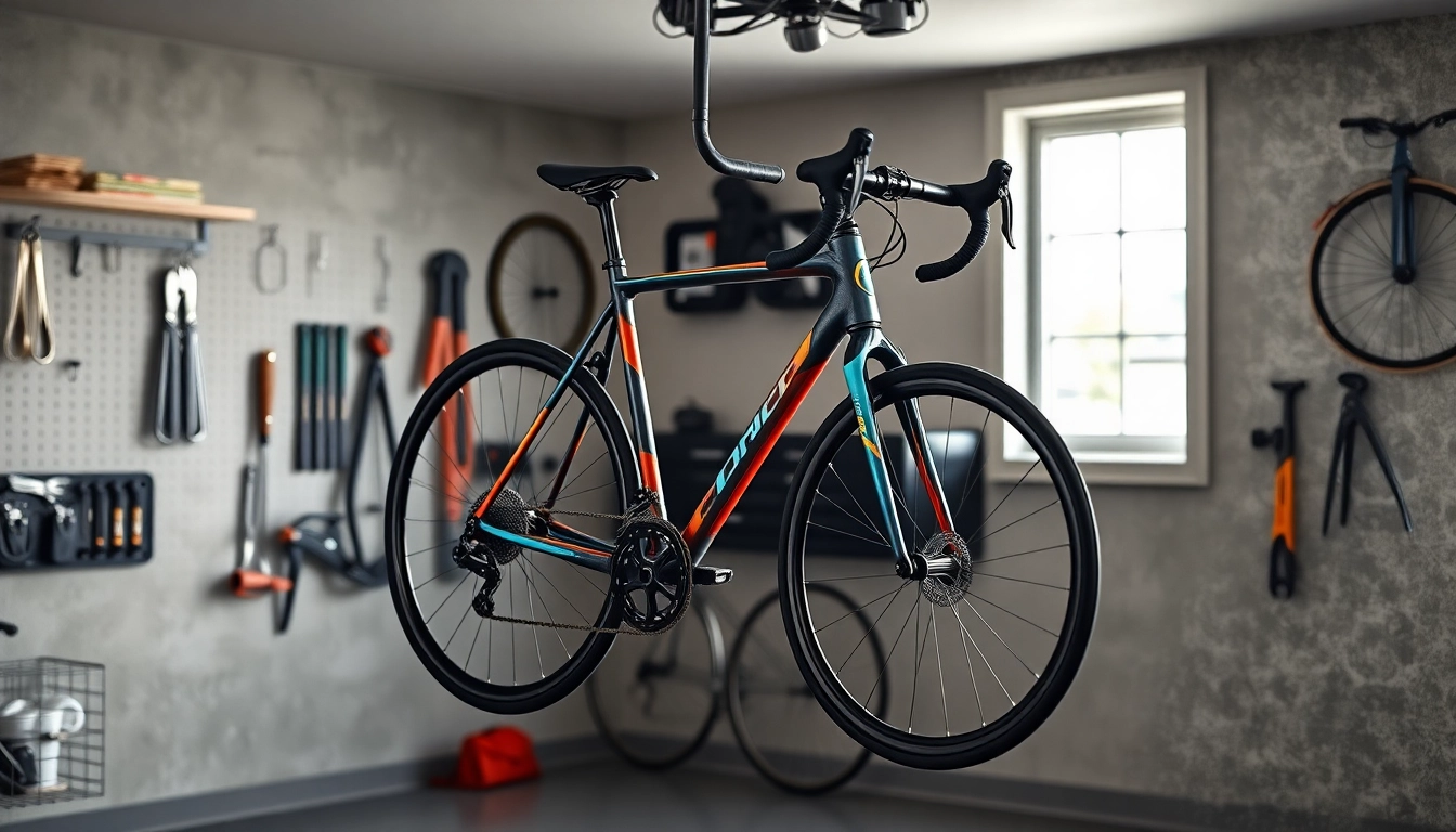 Showcase of a Bicycle wall hanger elegantly displaying a bike in a well-organized garage.