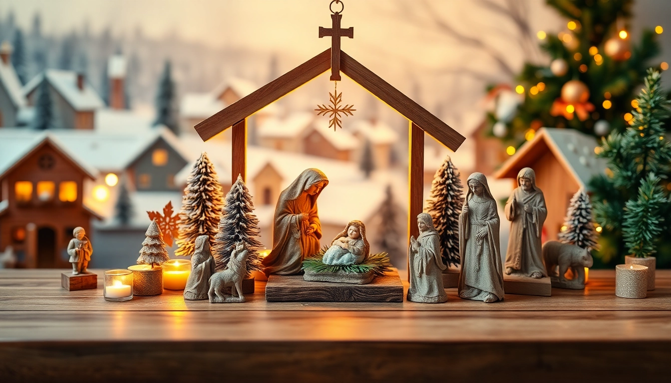 Showcase Nativity sets in a cozy holiday setting with soft lighting and festive decorations.