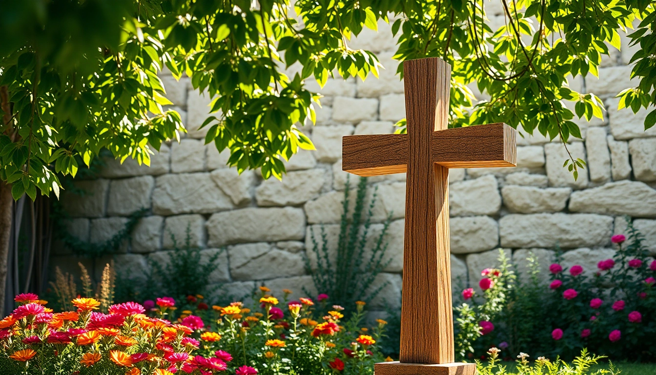 Admiring Jerusalem crosses displayed with vibrant flowers and an ancient backdrop.