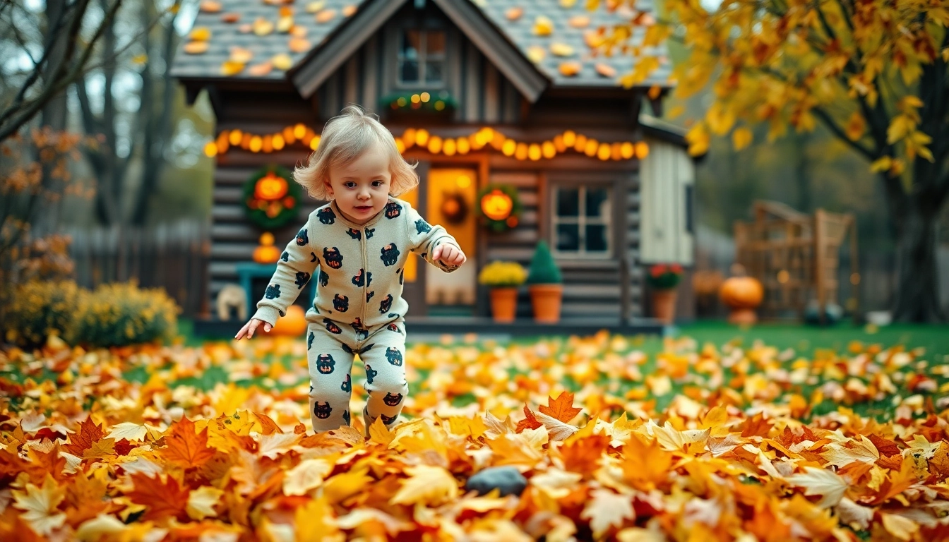 Adorable toddler in Halloween pajamas, joyfully jumping in leaves during fall festivities.
