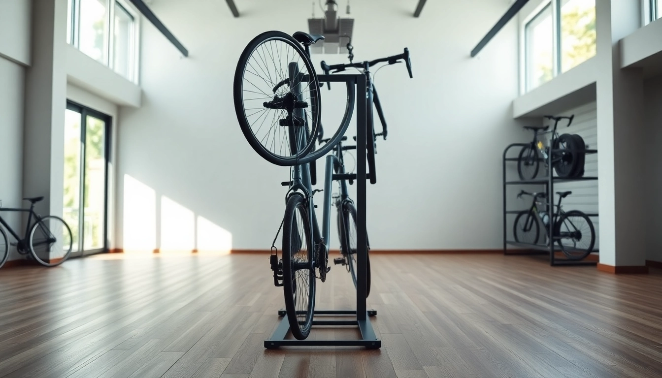 Efficient compact bike storage solution in an urban garage featuring vertical bike rack.