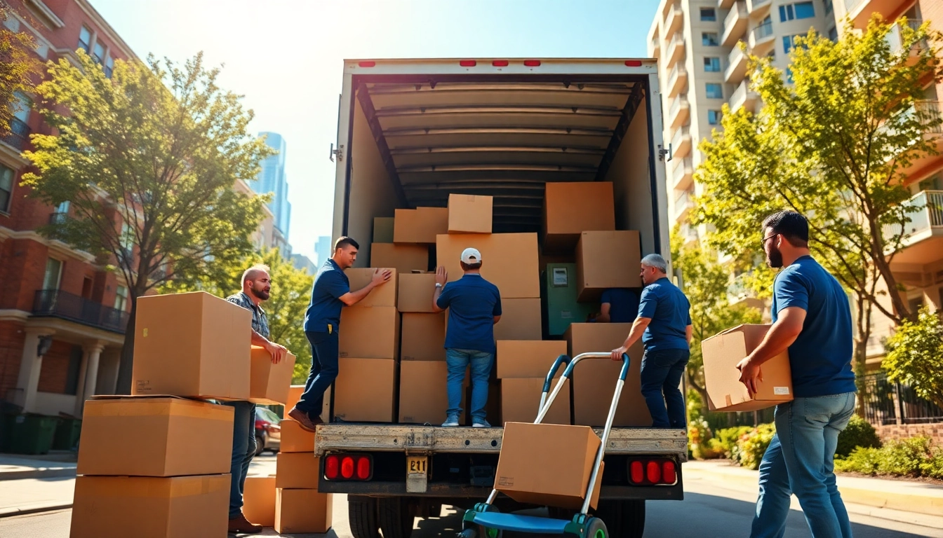 Movers from moving companies Toronto loading items into a truck under a sunny skyline.