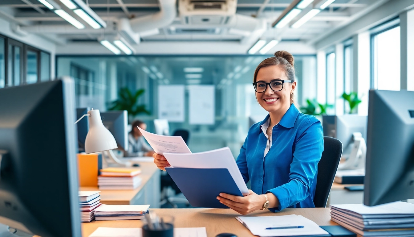 Highlighting QSM document clearing services with an agent assisting clients in a professional office.